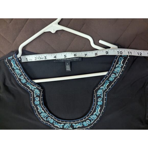 Black tunic style peasant top w/bell sleeves & teal ribbon trim size Large - Picture 9 of 11